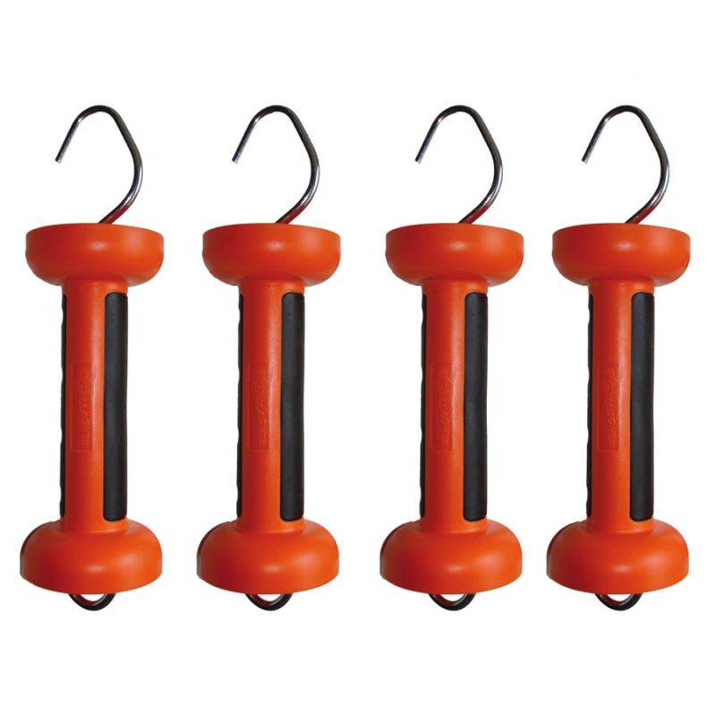 Four orange gate handles with black rubber accents, designed for use with electric fences.