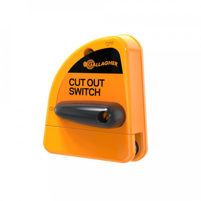 An orange Gallagher Cut Out Switch for electric fences, with black details and the brand name printed on the side.