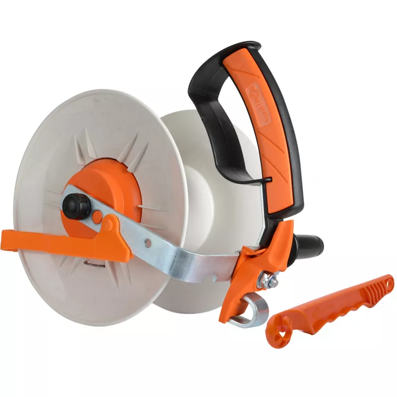 An image of a Gallagher geared electric fence reel with an orange, black, and white color scheme, equipped with a carrying handle and knuckle guard.