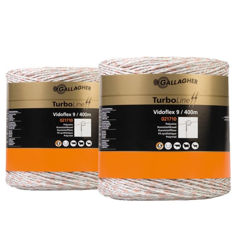 Two rolls of Gallagher Vidoflex 9 / 400metre TurboLine Plus electric fencing wire, predominantly white with company branding and product information.