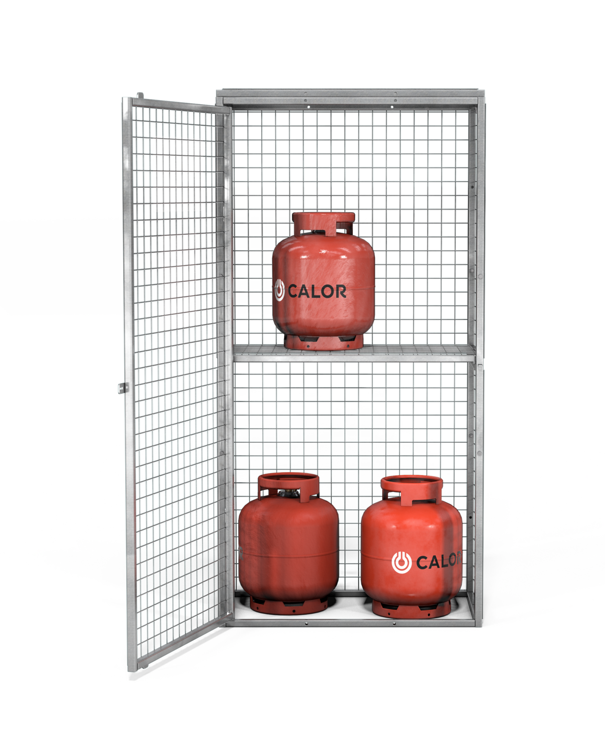 A galvanized metal security cage with two red gas cylinders inside, featuring safety signage and a collapsible design.