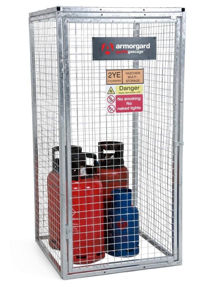 Galvanized metal gas cage with individual panels, equipped with warning signage and intended for storing gas cylinders.