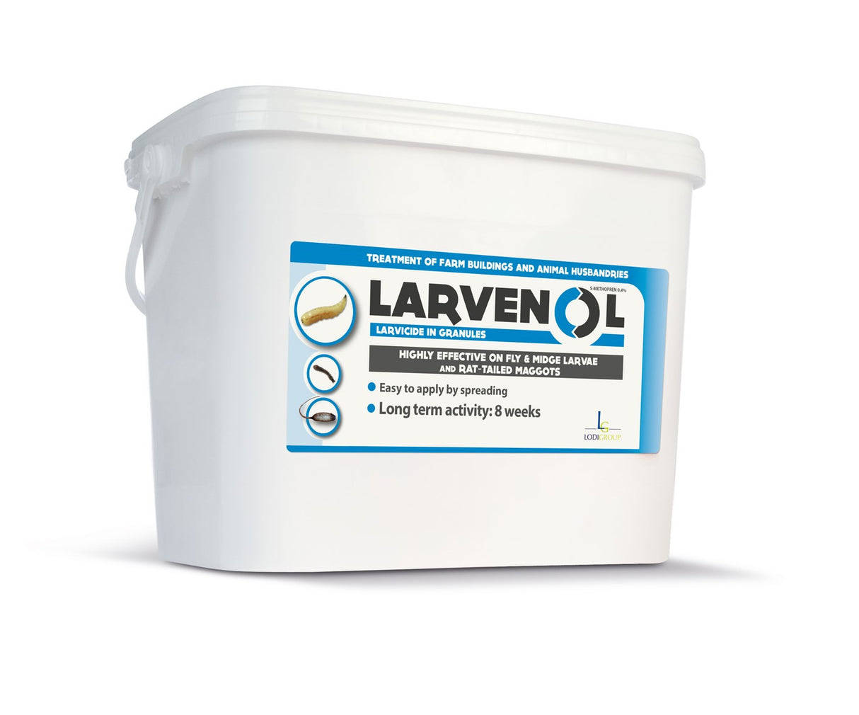 'LARVENOL' contains insect growth regulator granules for use in poultry and livestock housing.