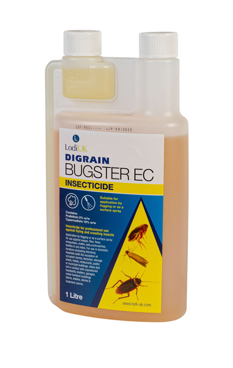 A bottle of Lodi Digrain Bugster EC Insecticide with a label showing the product name, description, and an image of a cockroach.