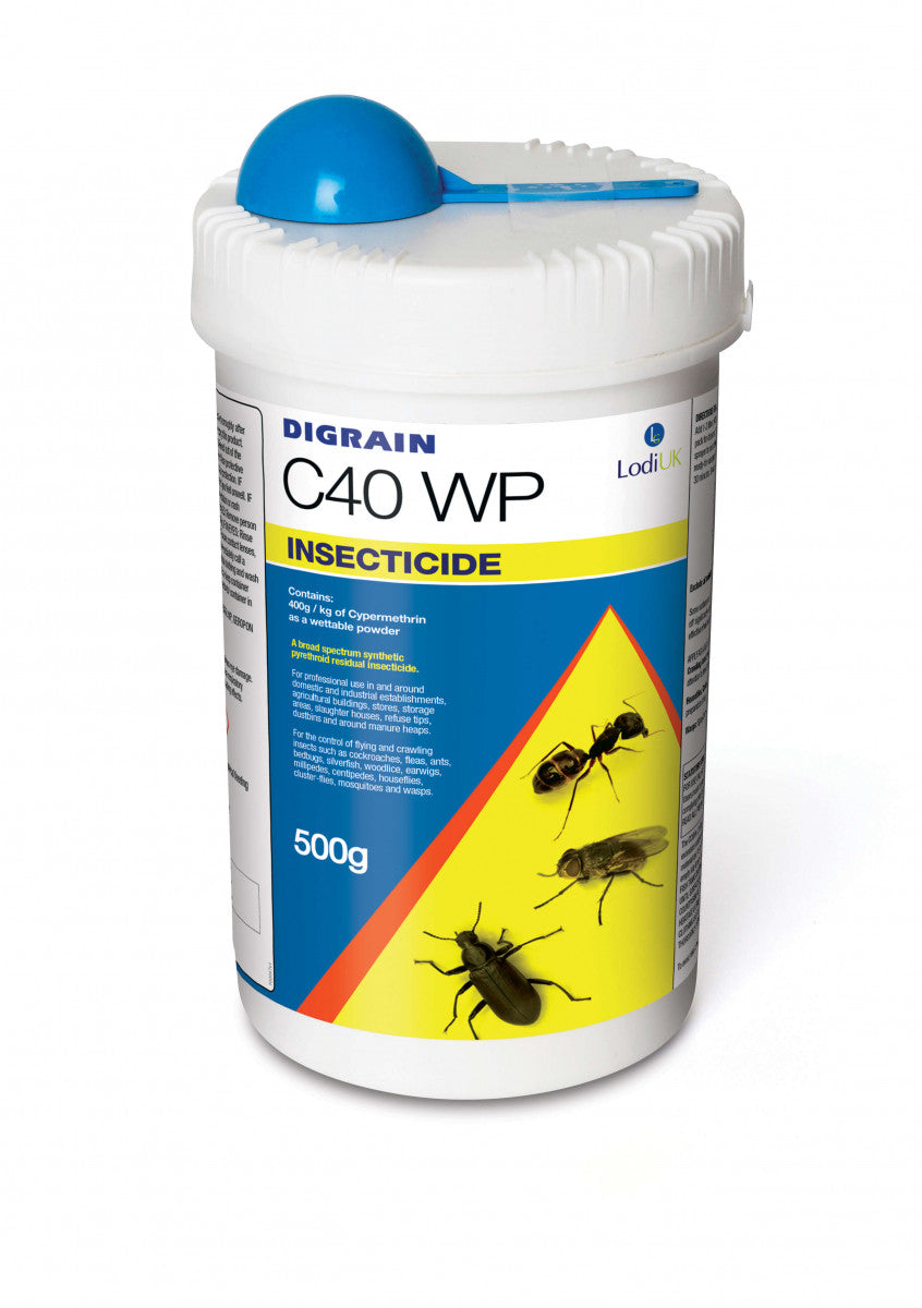 A white plastic container of Lodi Digrain C40 WP insecticide.