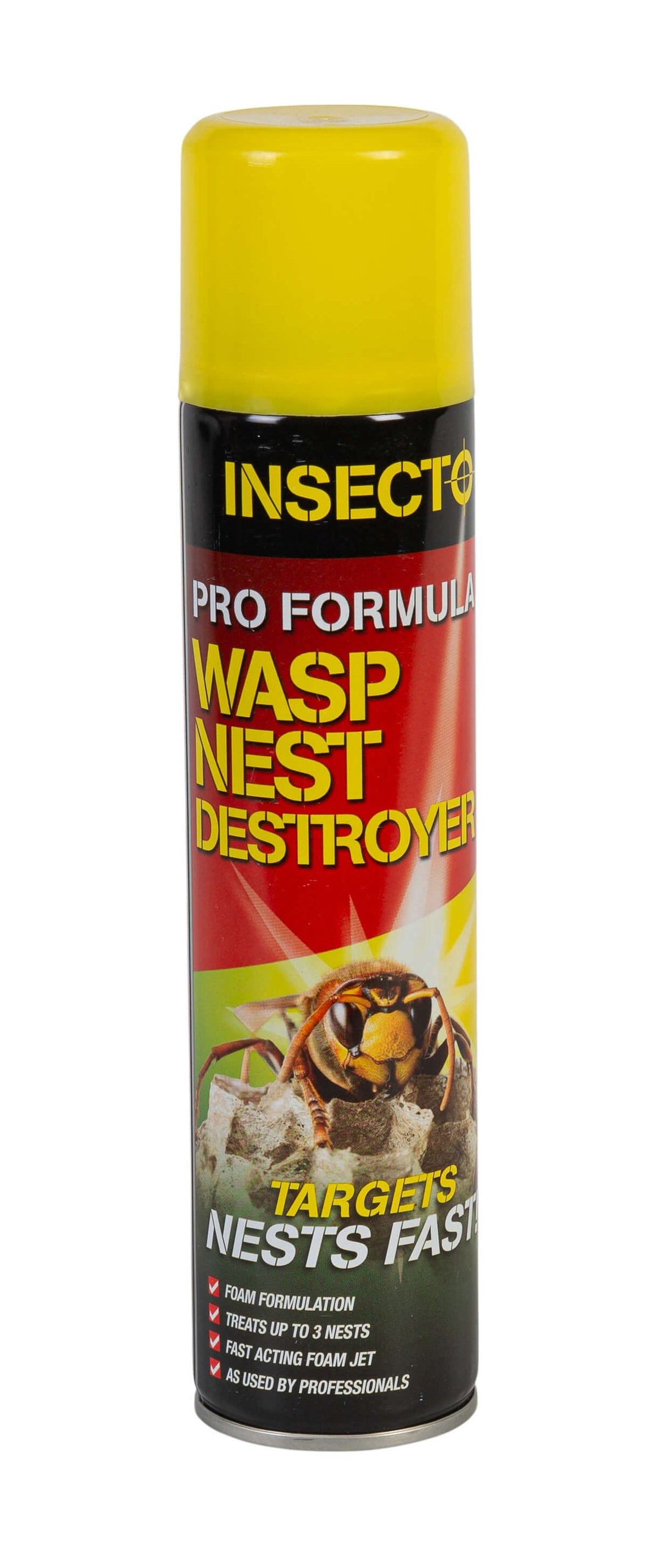 A yellow aerosol can of INSECTO Fly & Wasp Destroyer