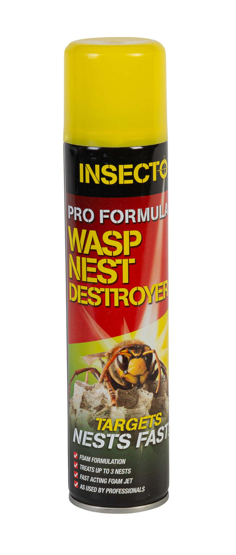 A yellow aerosol can of INSECTO Fly & Wasp Destroyer