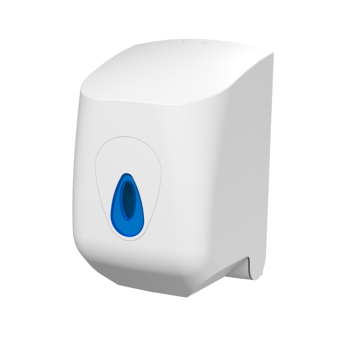 A white modular centrefeed dispenser for a centrefeed roll with a blue detail on the front.