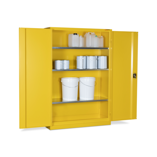 Yellow hazardous storage cabinet with galvanized shelves, reinforced doors, and a powder-coated paint finish. It is designed to store hazardous materials securely.