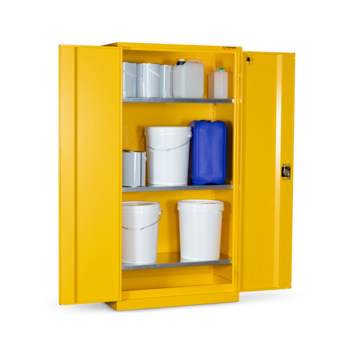 A yellow lockable storage cabinet with shelves and containers, designed for the safe storage of hazardous materials.