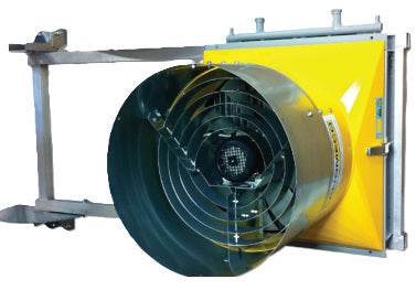 Landmeco Poultry farm heater with yellow casing and metal frame