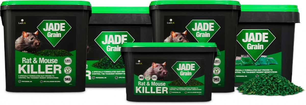 JADE Grain Rat & Mouse Killer, in various sizes, with the green bait grain visible in one of the containers.