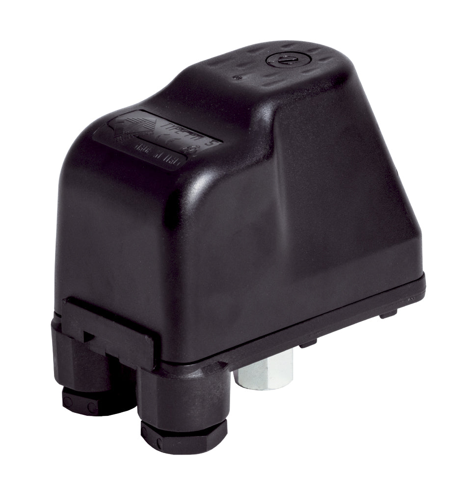 A black pressure switch for booster sets, with visible brass alloy contacts and hydraulic connection.