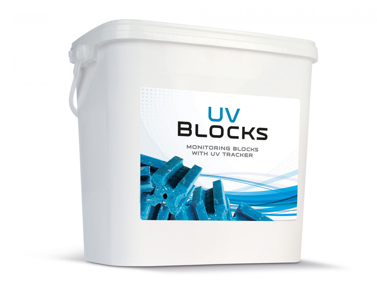 UV Blocks with a graphic of blue blocks and text indicating their use for monitoring rodent activity.