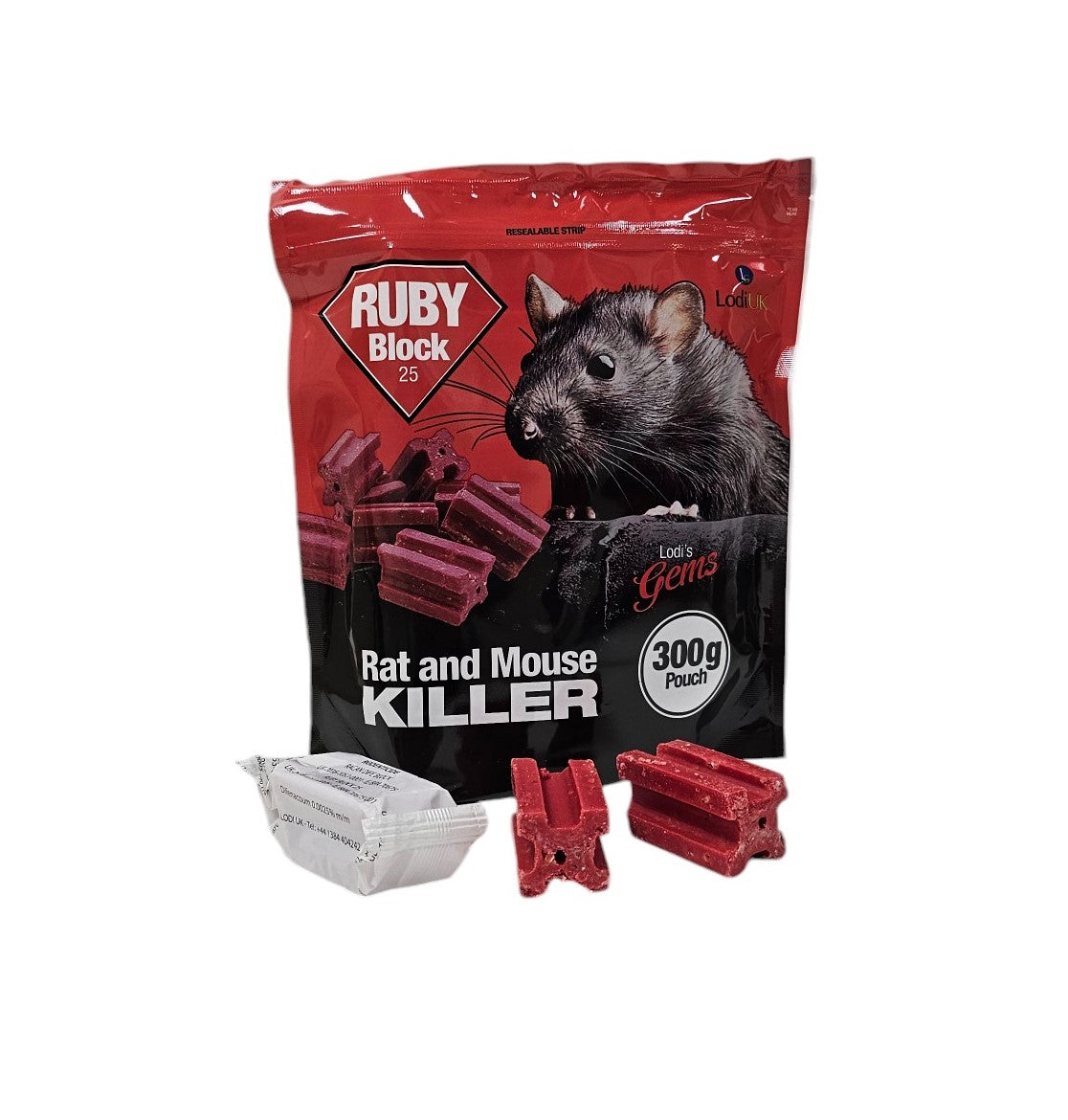 A pouch of Ruby Block 300g rat and mouse killer with several red bait blocks visible in front.