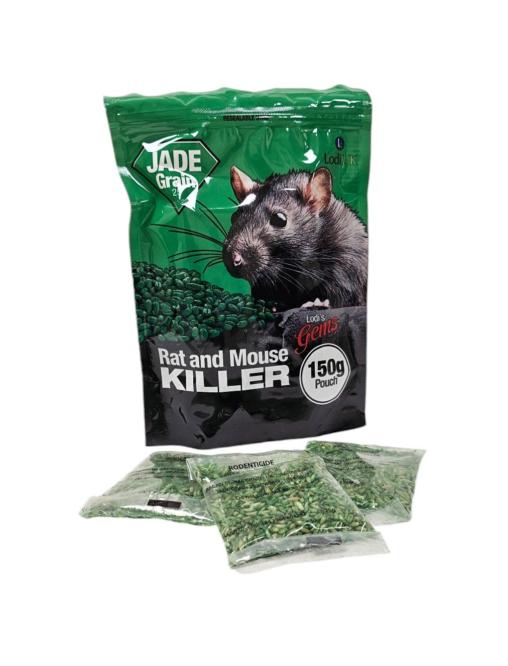 A pouch of Jade Grain rat and mouse killer bait, showing the bait sachet