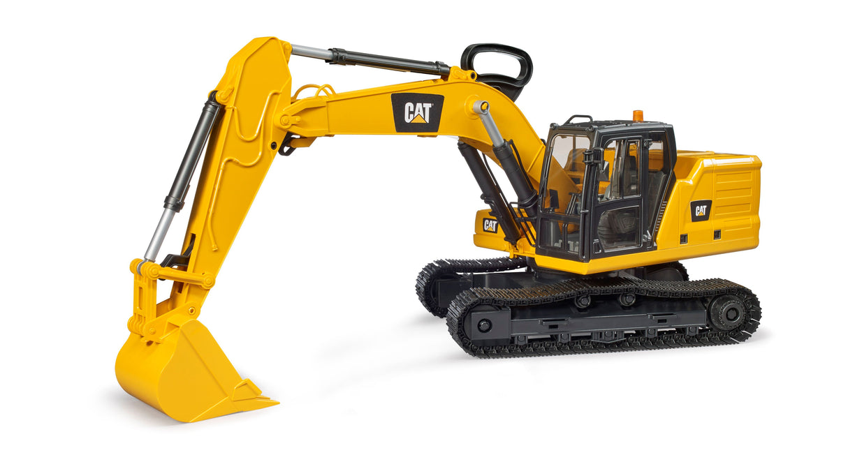 A yellow CAT excavator toy with an articulated arm and bucket, designed for play and display.