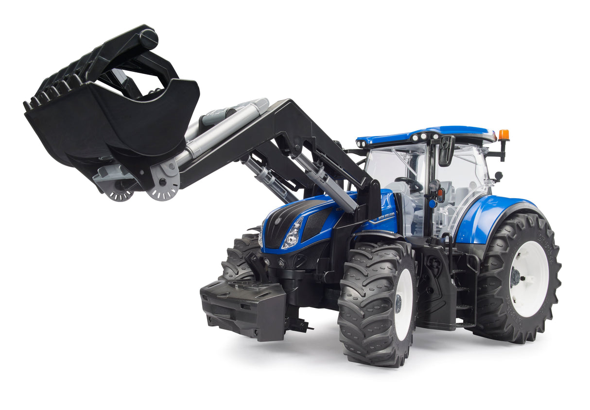 A New Holland T7.340 tractor with a front loader, featuring a blue and black color scheme, large wheels, and a steering wheel.