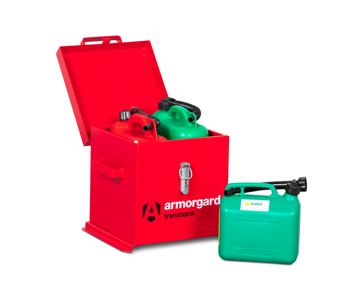 A red Armorgard TransBank TRB1 secure storage container for hazardous fuels and chemicals, with capacity for 2 x 5lt jerry cans and a 15lt sump.