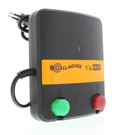 Gallagher M160 electric fence controller with green and red buttons on a white background