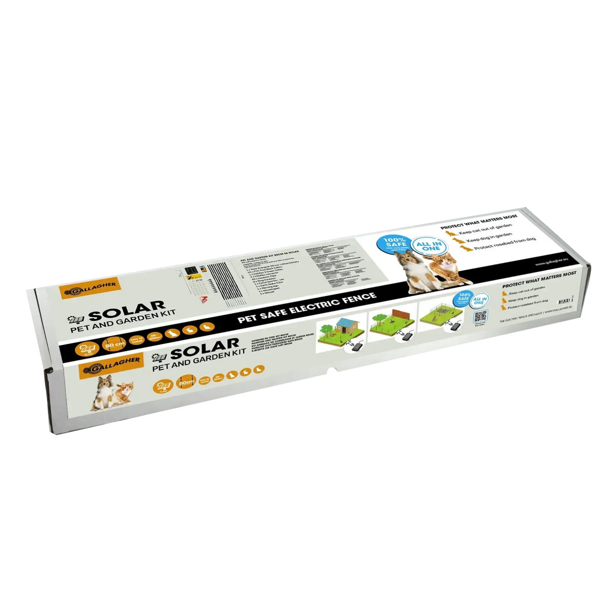 A Gallagher Pet & Garden Electric Fence Kit with components displayed on the box, including solar-powered energiser and fence posts, in a white background.