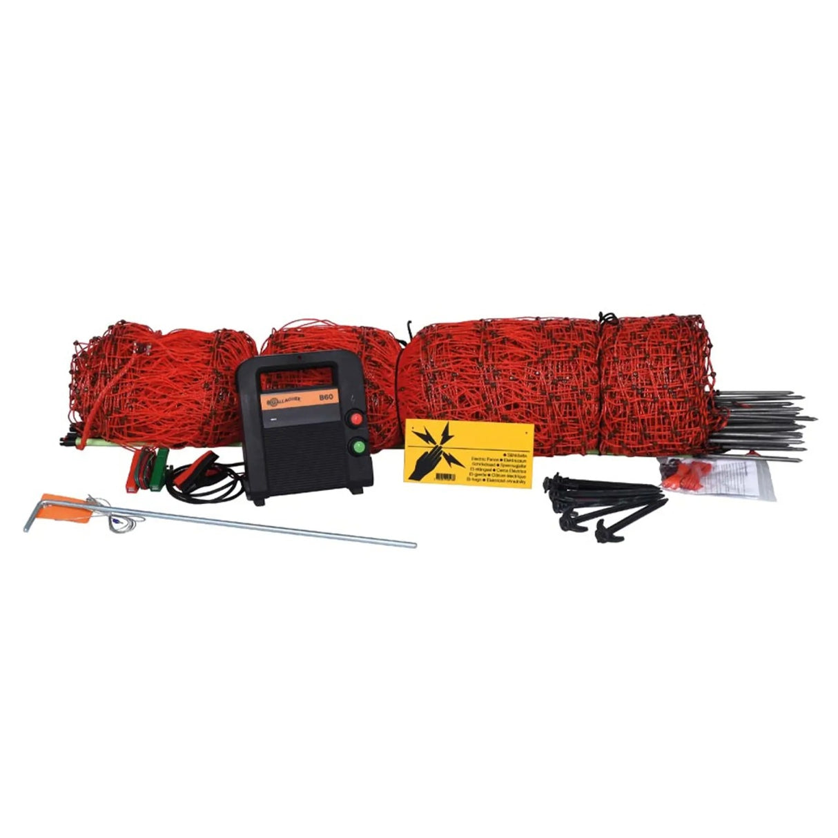 An electric fence kit designed for poultry protection, including a fence energizer, red netting, posts, and accessories.