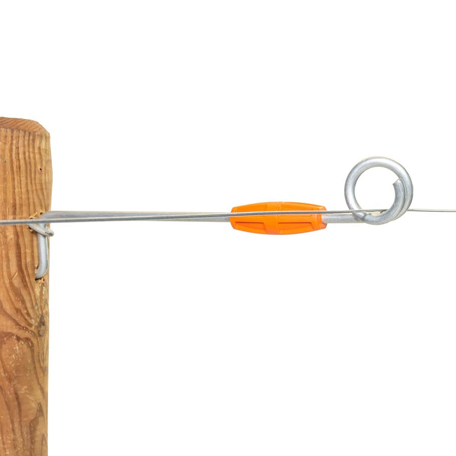 A close-up of the Gallagher Live Tip Offset Distance insulator, showing a metallic tip with an orange insulating ring, mounted on a wooden fence post.