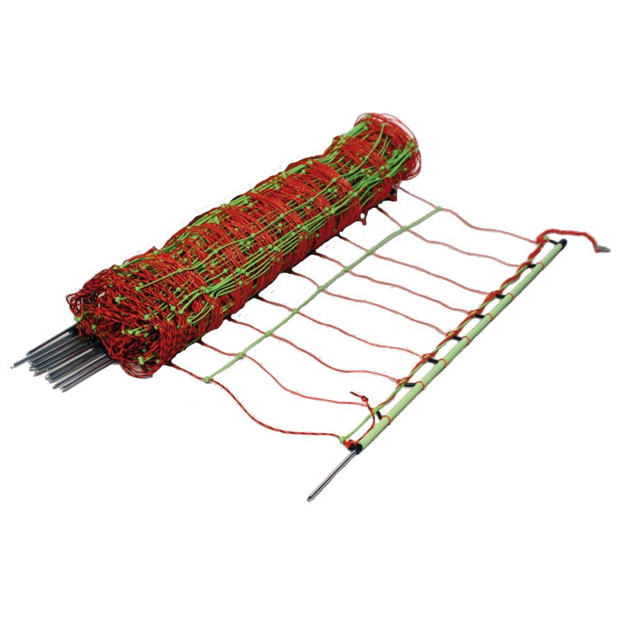 A rolled-up electric fence net designed for sheep, showing the netting and single pin posts.