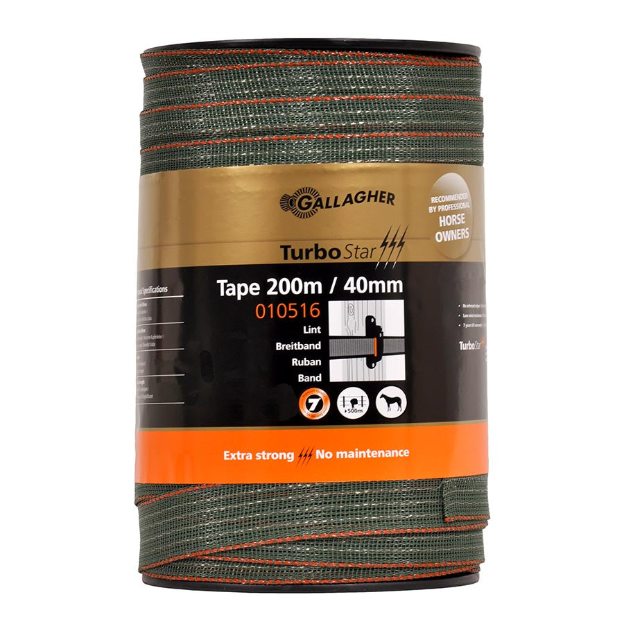 A roll of Gallagher TurboStar Tape 40mm in green color, packaging indicates it is 200 meters long and has extra strength for horse fencing.