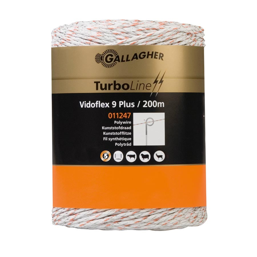 A spool of Gallagher Vidoflex 9 TurboLine Plus white electric fence wire, with packaging indicating the product is 200 metre long.