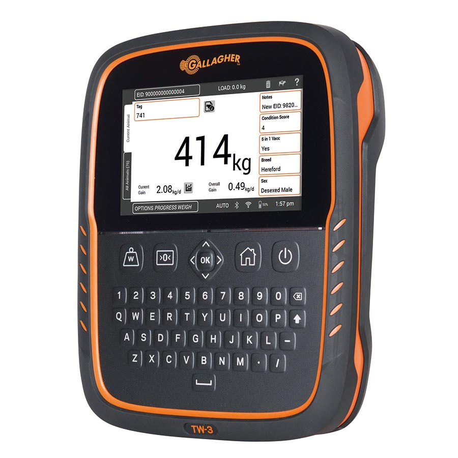 A rugged, handheld Gallagher TW-3 weigh scale and data collector device with a digital screen displaying weight data, encased in a black and orange protective housing.
