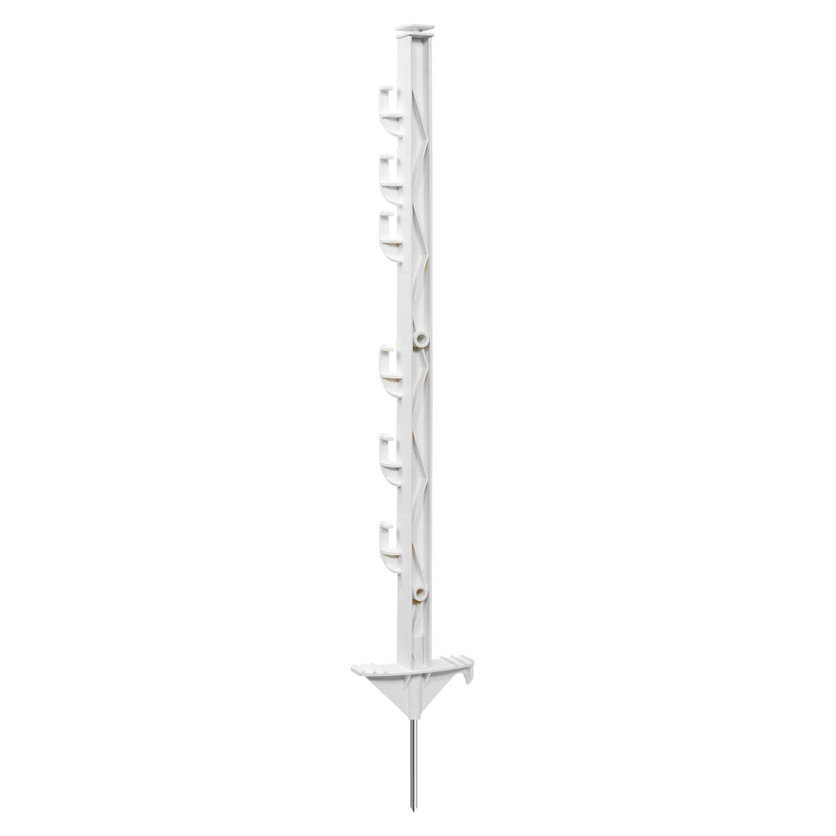 A white, heavy-duty plastic fence post with multiple lugs for wire attachment and a reinforced base.