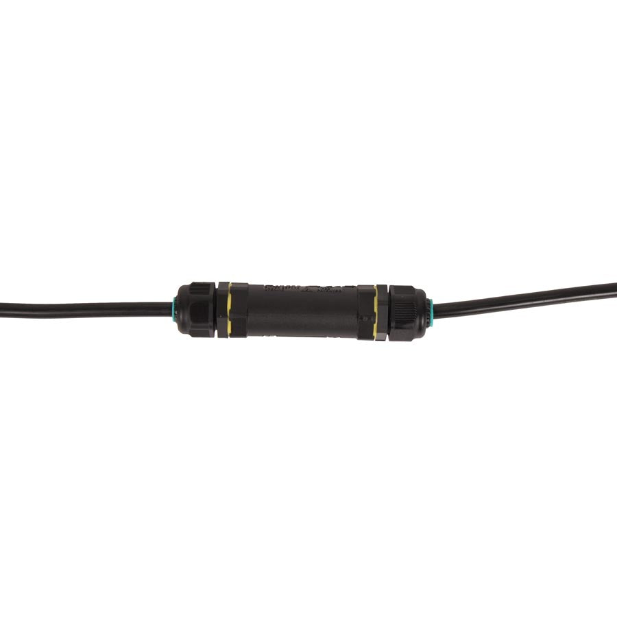 A black ground cable connector with a yellow detail, designed for use with electric fences.