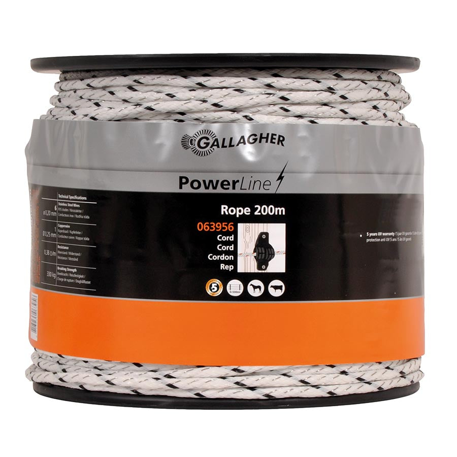 A spool of Gallagher white PowerLine rope