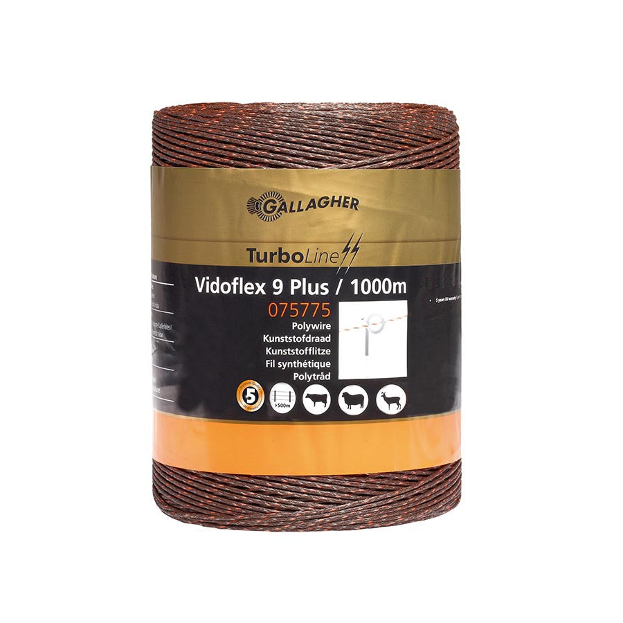 A roll of Gallagher Vidoflex 9 TurboLine Plus electric fencing wire, 1000 meters in length, primarily brown in colour