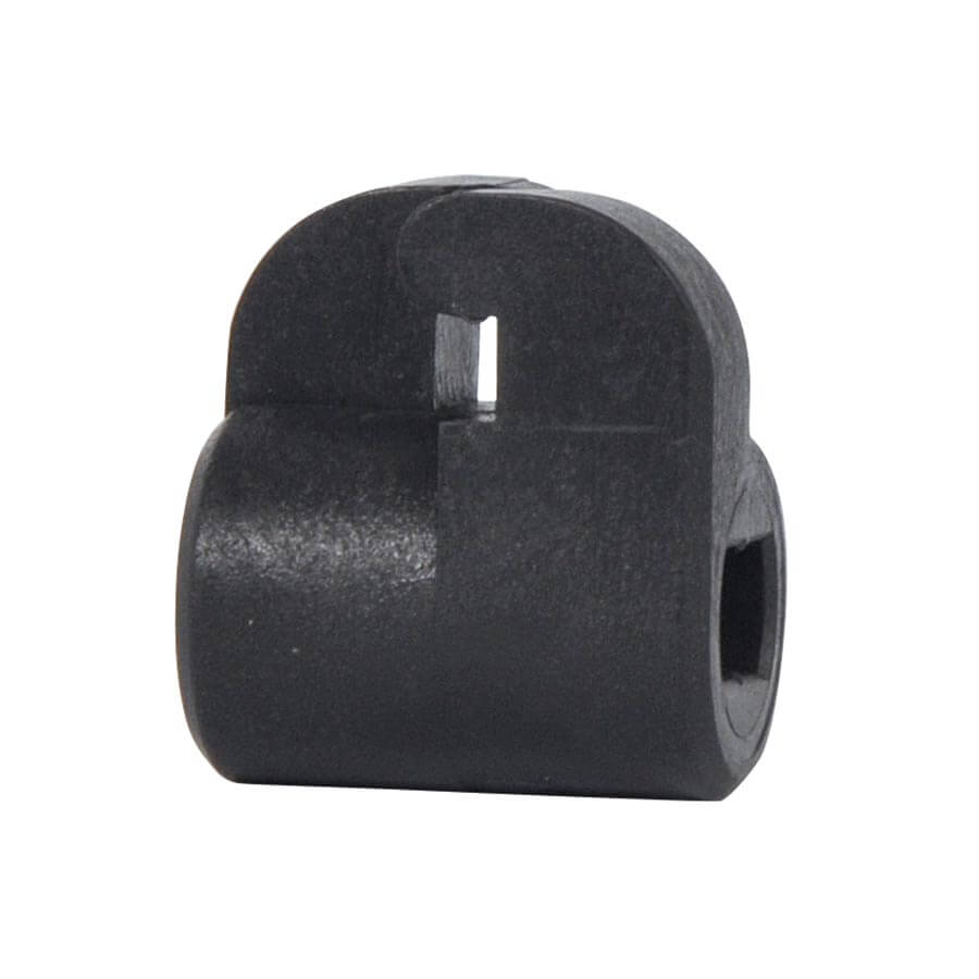 A black plastic wire insulator designed for electric fencing systems.