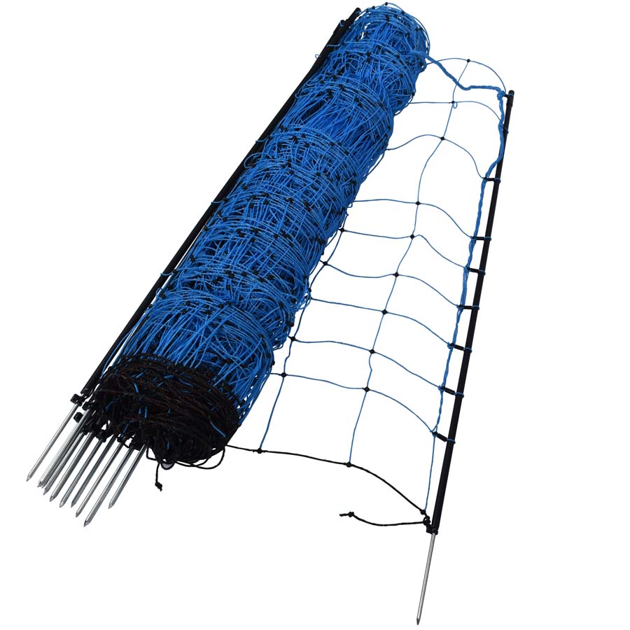 A roll of blue Gallagher Wolf electric netting, which is designed for animal fencing.