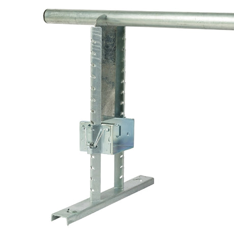 A metal perch support plate designed by Dalton Supplies for use with chain feeders in poultry equipment.