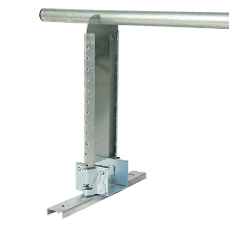 A metal perch support plate designed by Dalton Supplies for use with chain feeders in poultry equipment.