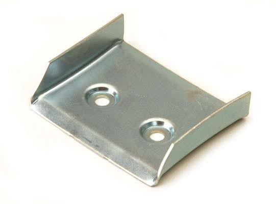 A silver-colored metal corner guide plate with multiple mounting holes.