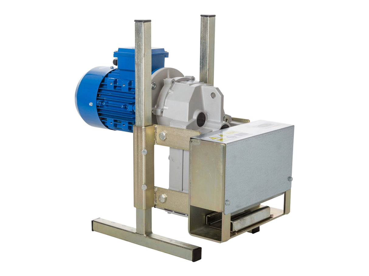 A mechanical poultry feeder consisting of a motorized drive unit on a frame, intended for use in poultry farming.