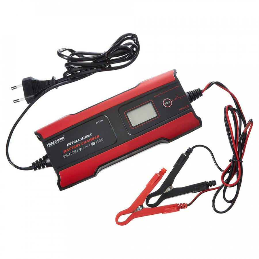 A red and black multi-purpose battery charger with a digital display, along with cables and battery clamps.