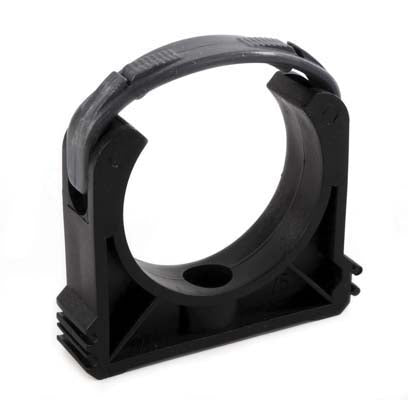 A black plastic 90mm auger pipe fixing clip with a strap