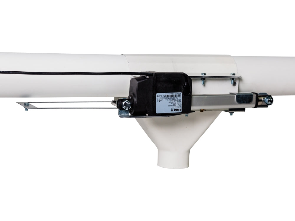 A motorised outlet for a 75mm auger system, featuring a black motor unit attached to a white tube, with visible wiring and metallic components.