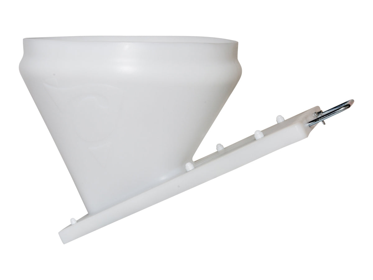 A white upper boot with a gate valve slide unit designed for industry standard silo outlets, typically used in animal feeding systems.