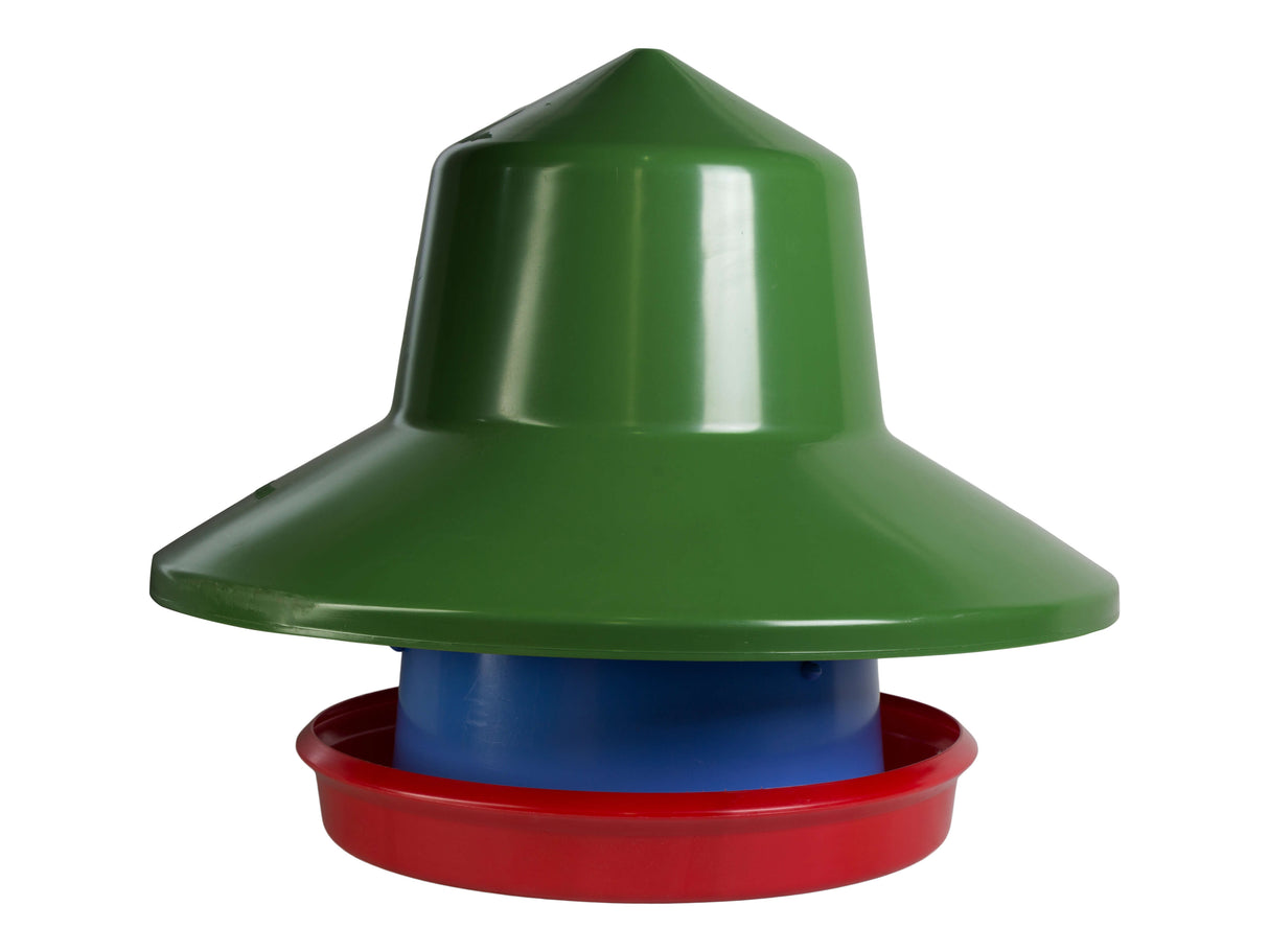 Manola Outdoor Feeder with a green top hat-shaped raincover on top and a red base.