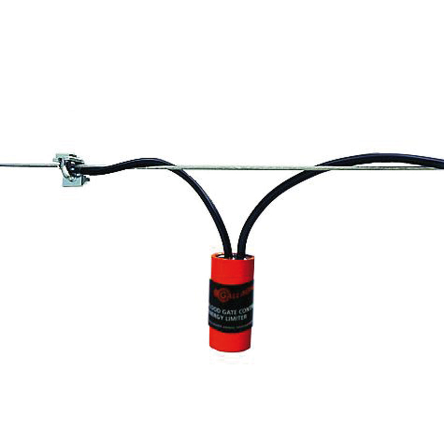 A Gallagher Flood Gate Controller mounted on a fence line, primarily red in colour with black wiring.