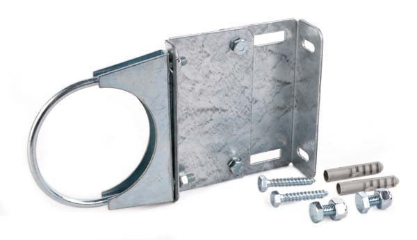 Adjustable wall mounting bracket with accompanying screws and bolts, for bulk hopper fill pipe