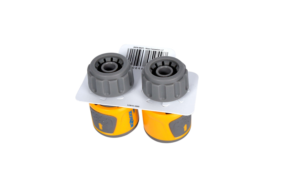 A twin pack of Hozelock soft touch hose end connectors, with gray and yellow color scheme.