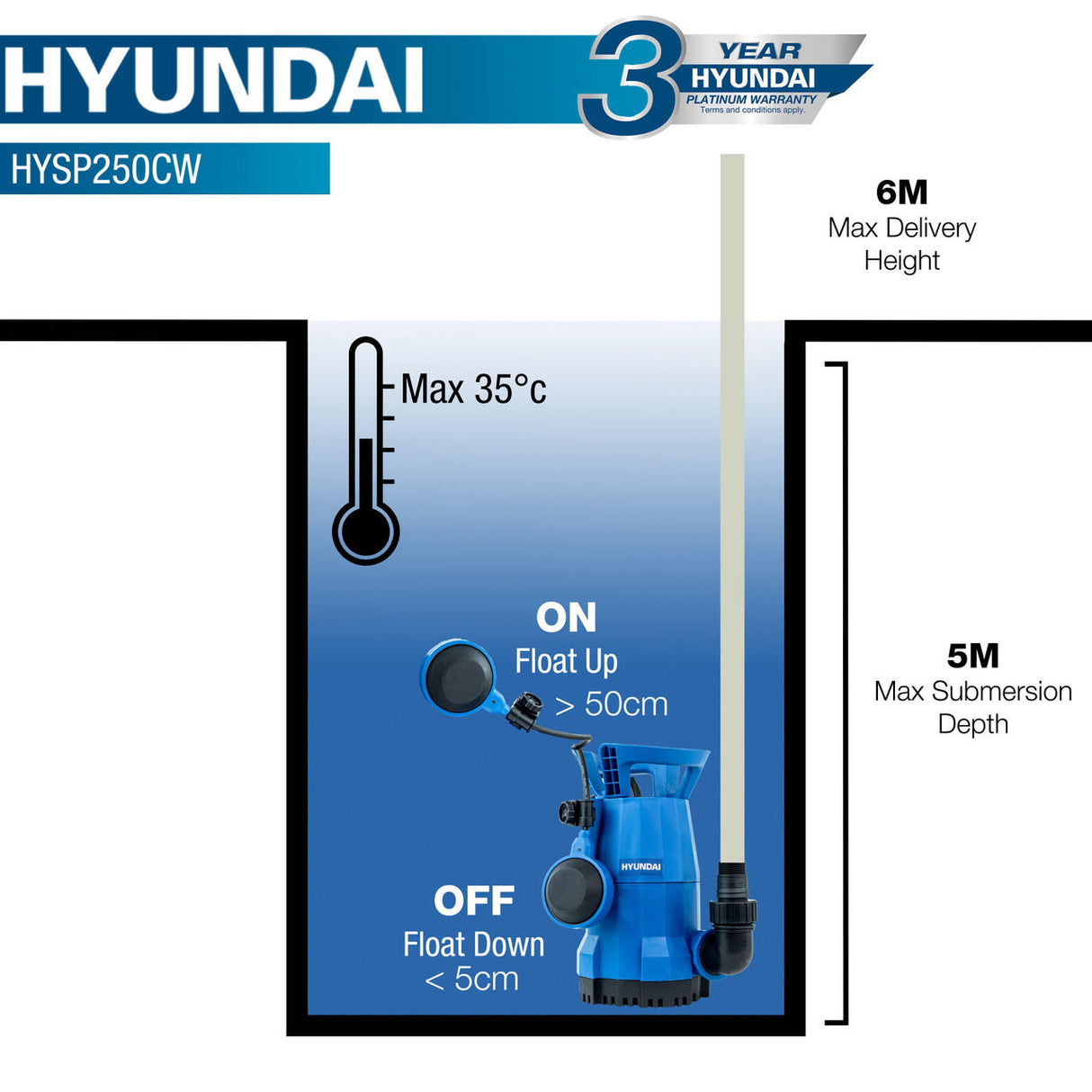 Hyundai 250W Electric Clean Water Submersible Water Pump / Sub Pump | HYSP250CW
